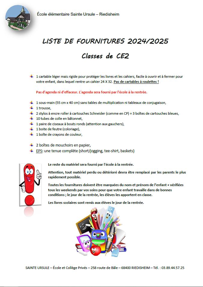 Liste fournitures 2024 CE2